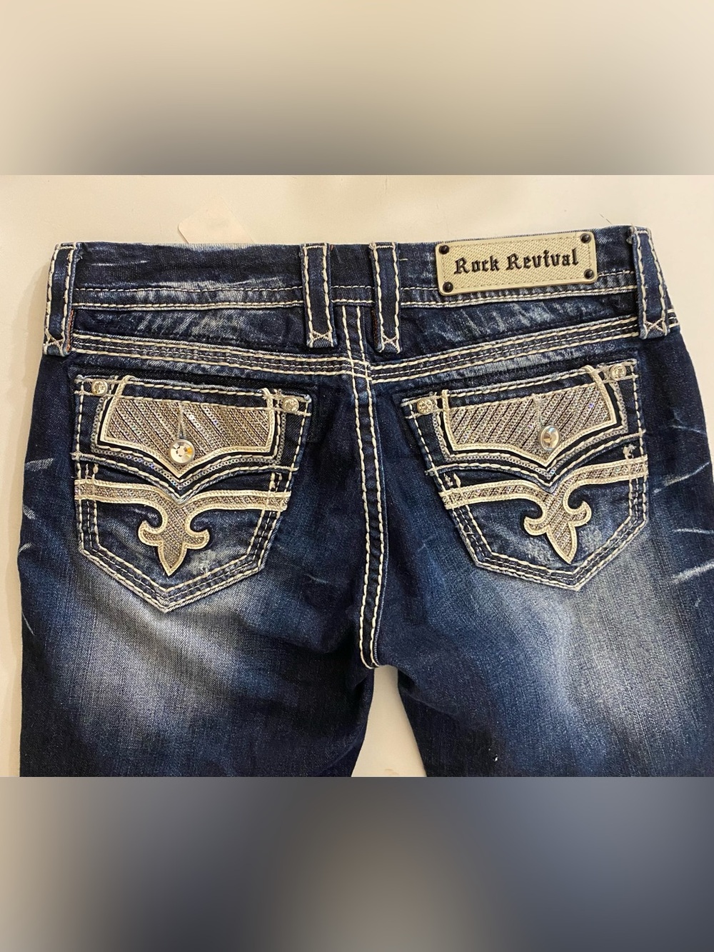 Rock Revival Dark Blue Distressed Embellished Pocket Capri Jeans LNC